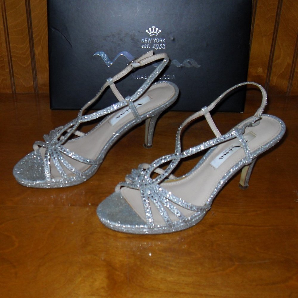 NINA Silver Glitter Formal Strappy Heels Sandal 7M